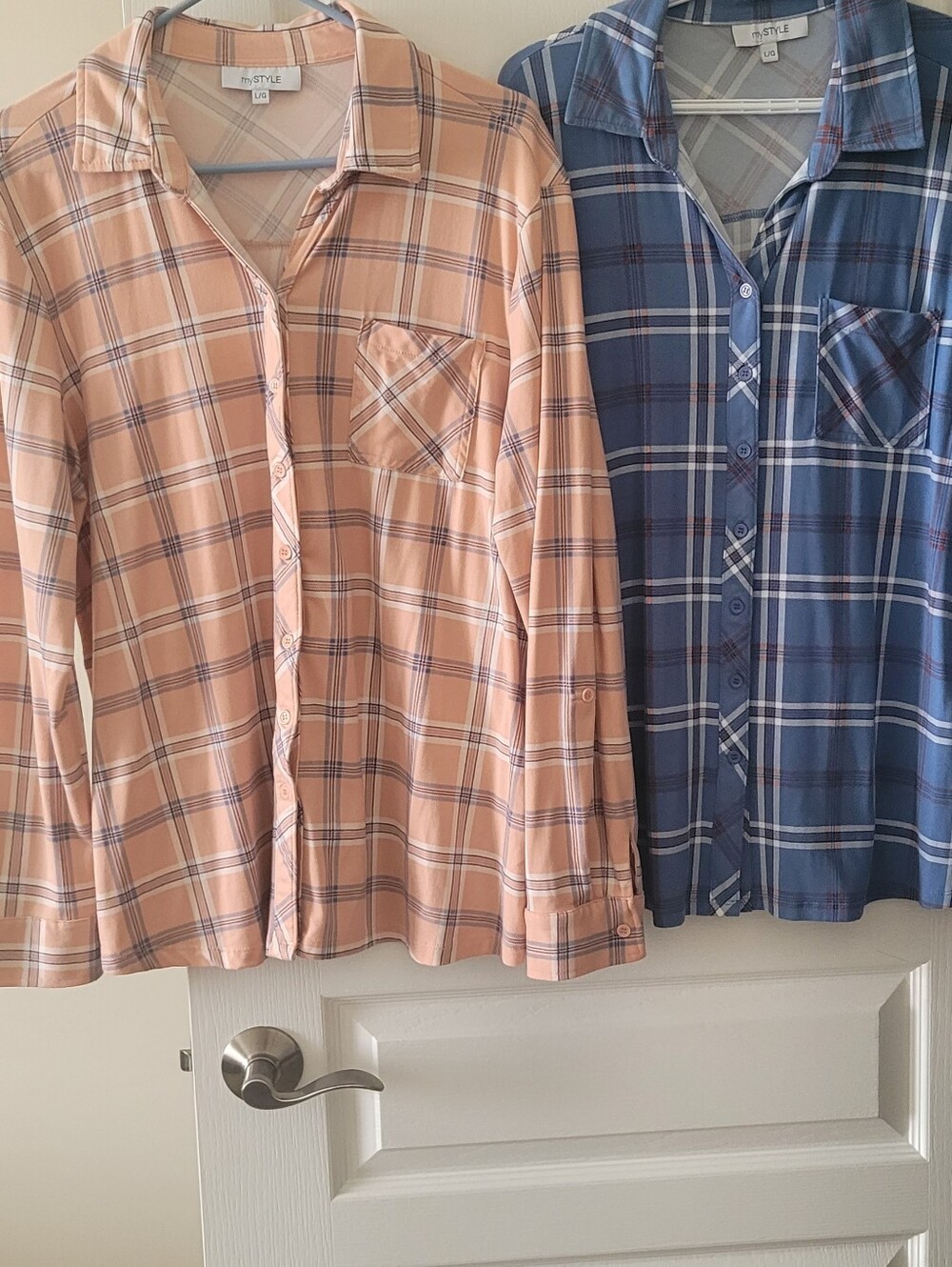 Girls Plaid Button-Down Shirt - Peach and Blue